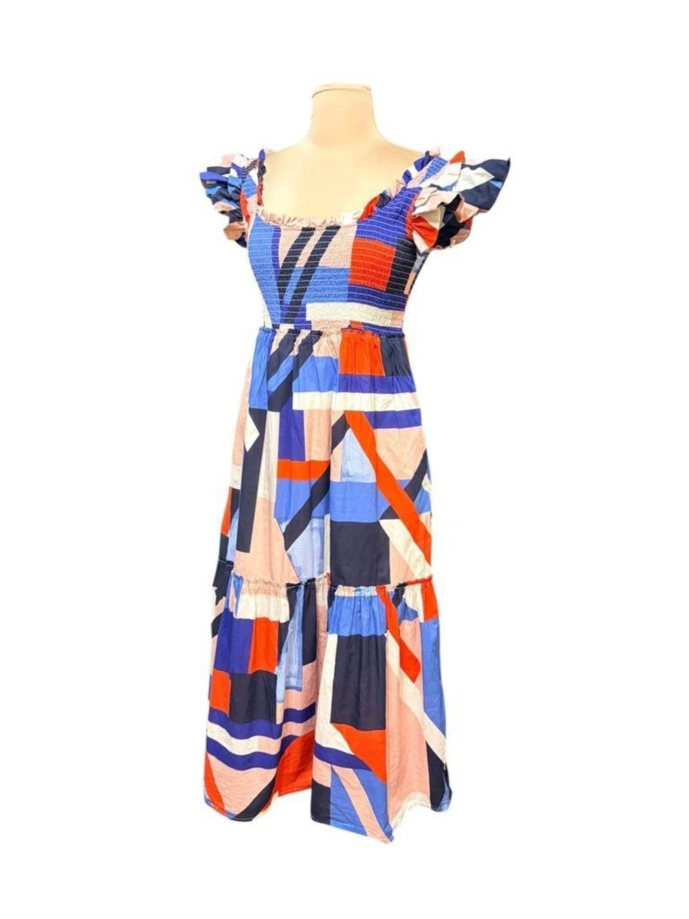 Tuckernuck Tiered Nap Dress S Red Blue Navy Geometric Print Ruffle Shirred EUC